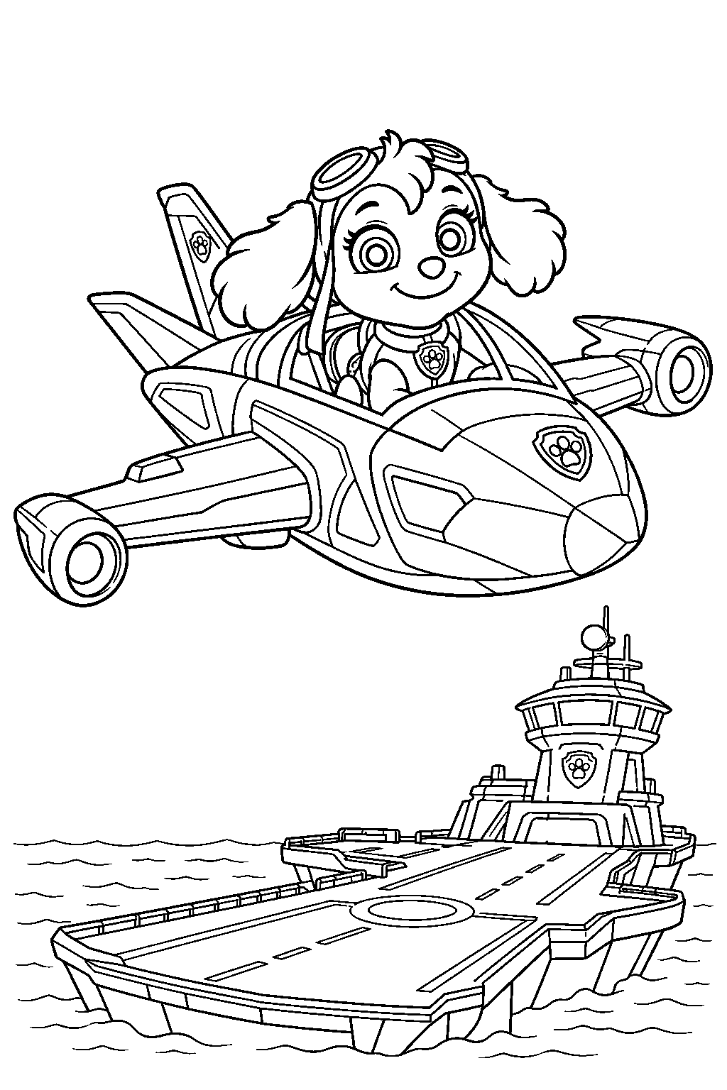 paw patrol skye taking off in her mighty jet from the aircraft carrier hq line art