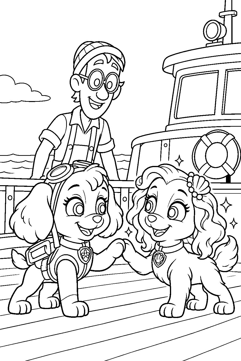 paw patrol skye touching paws with coral on cap n turbot s boat as coral becomes a land pup line art