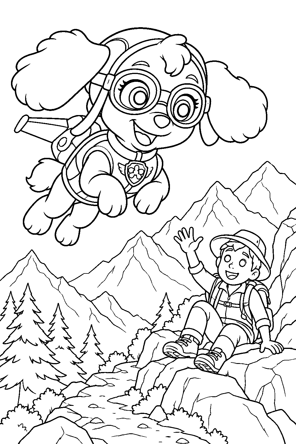 paw patrol skye using her flight goggles to find a lost hiker on a mountain trail line art