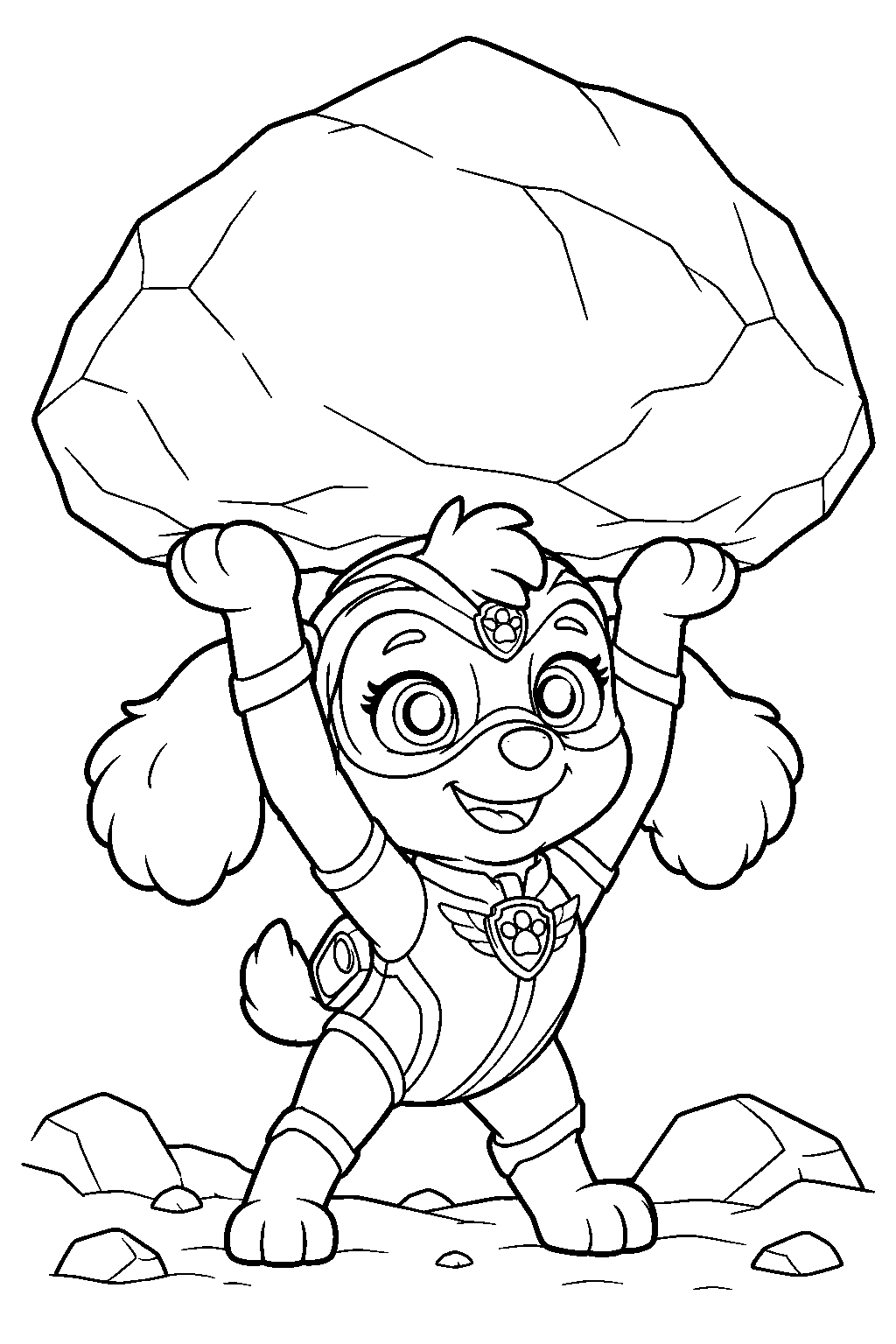 paw patrol skye using her mighty movie super strength to lift a boulder line art