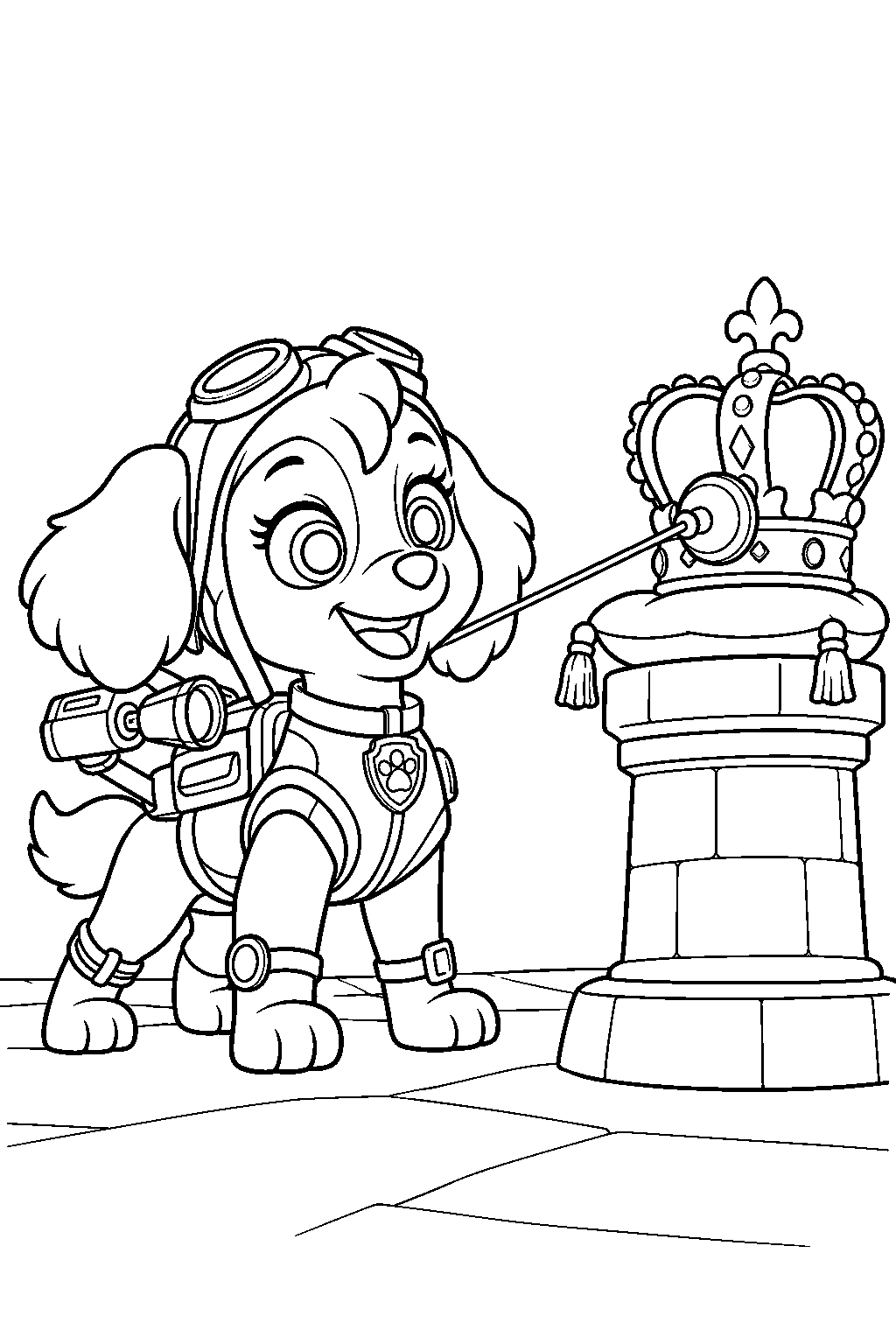 paw patrol skye using her mission paw suction cup launcher to retrieve a royal crown line art