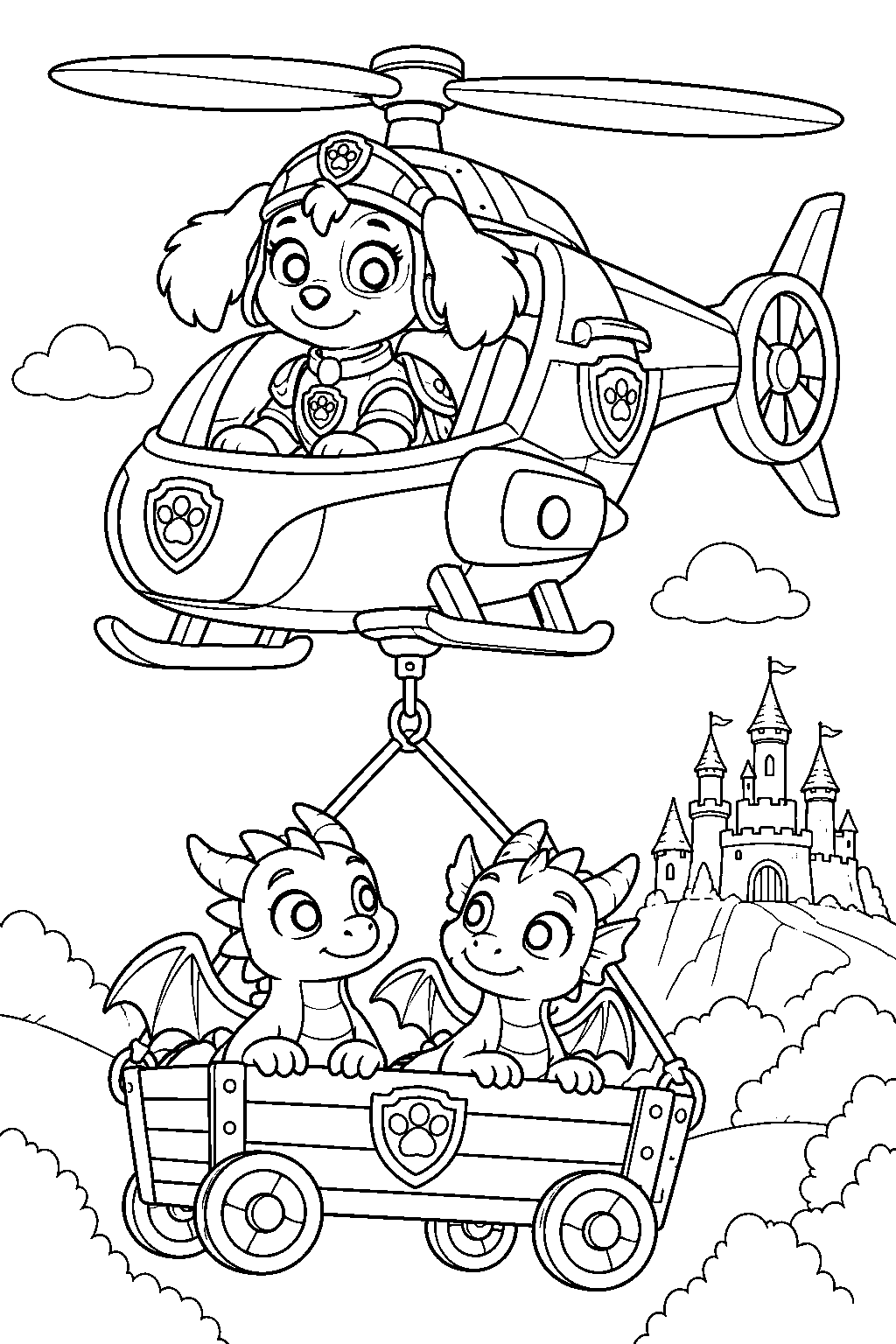 paw patrol skye using her rescue knights helicopter to lift a wagon carrying baby dragons line art