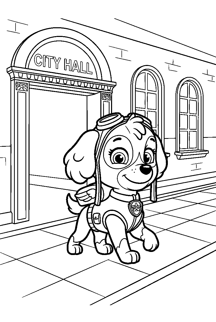 paw patrol skye walking in city hall line art