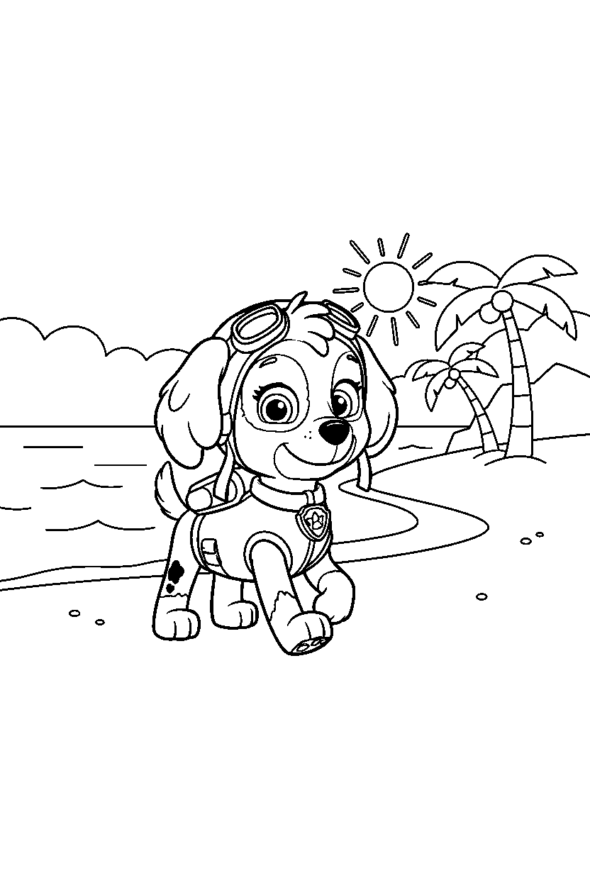 paw patrol skye walking on beach line art