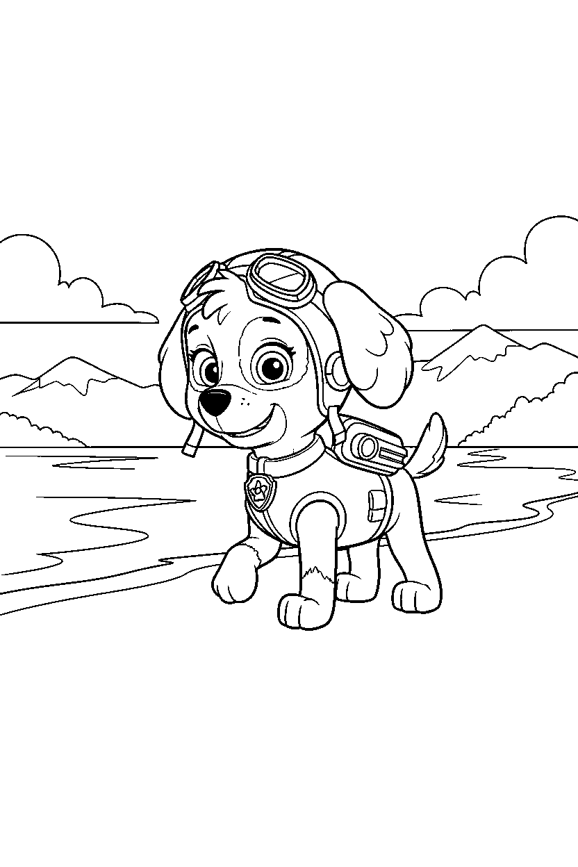 paw patrol skye walking slowly by lake line art