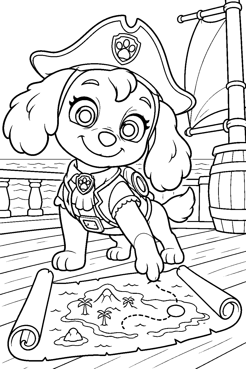 paw patrol skye wearing a pirate outfit beside a treasure map aboard a pirate ship line art