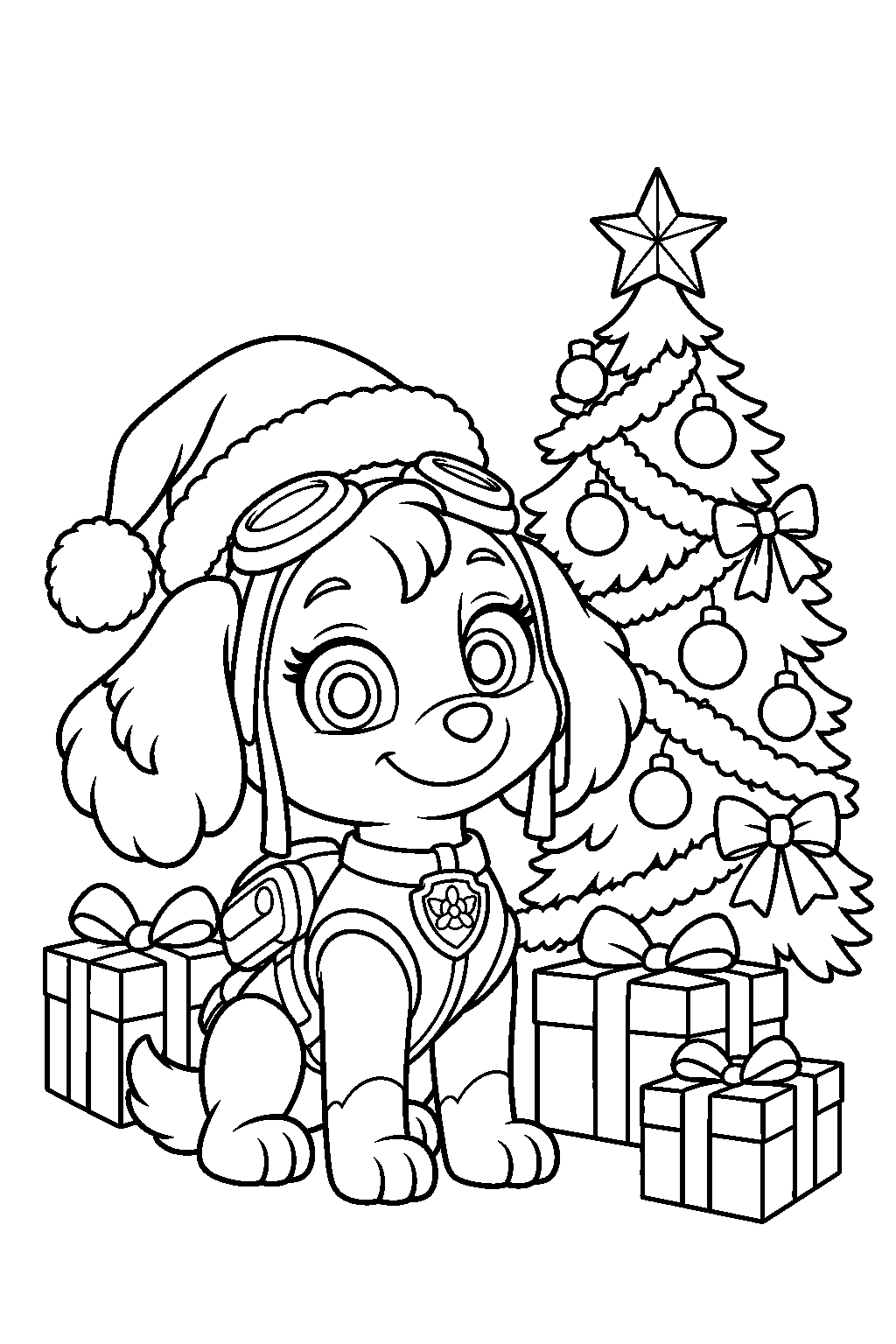 paw patrol skye wearing a santa hat beside a christmas tree and wrapped presents line art