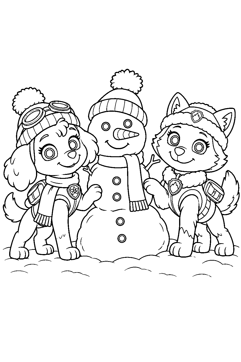 paw patrol skye wearing a winter hat and scarf while building a snowman with everest line art