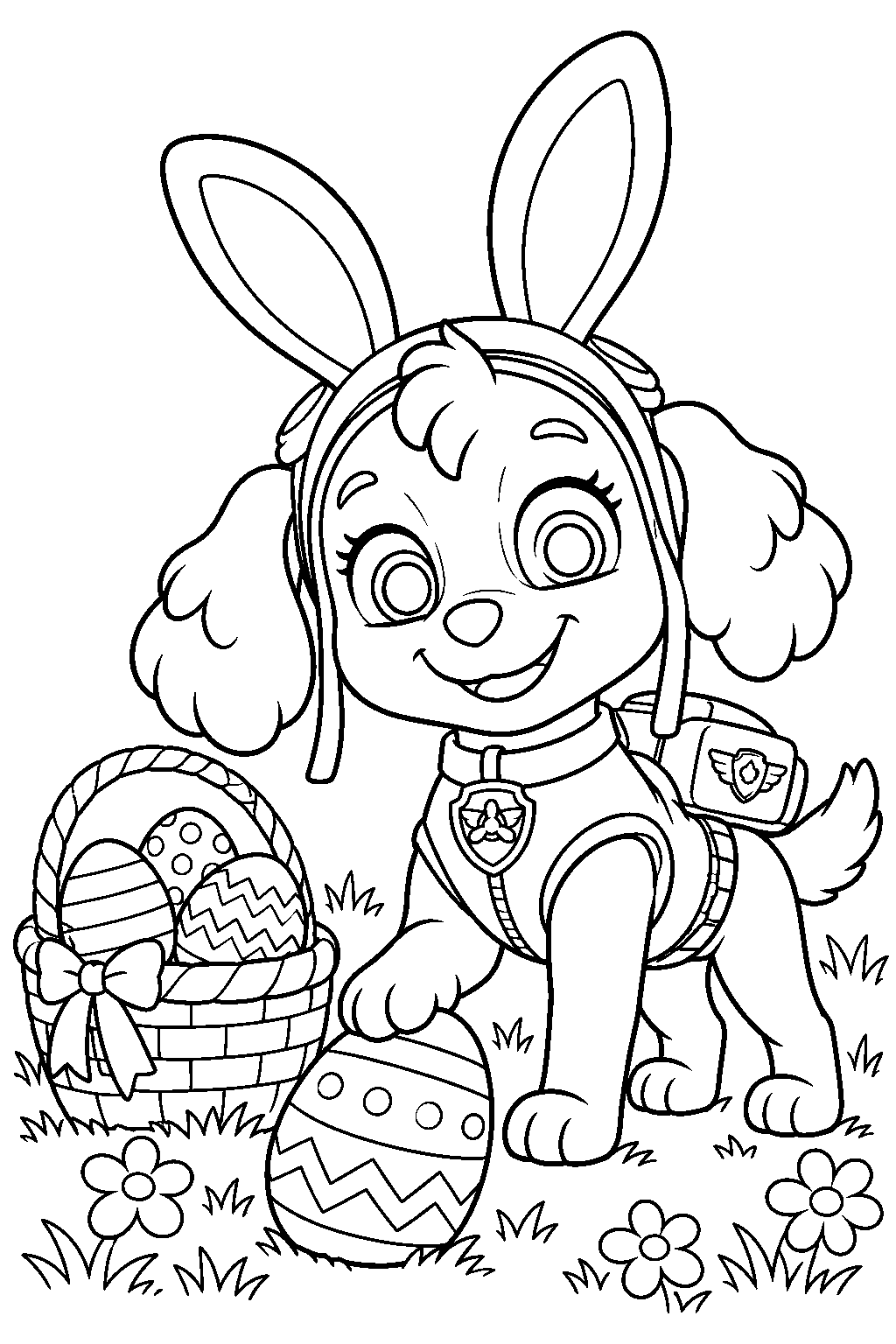 paw patrol skye wearing bunny ears and searching for easter eggs with a basket line art