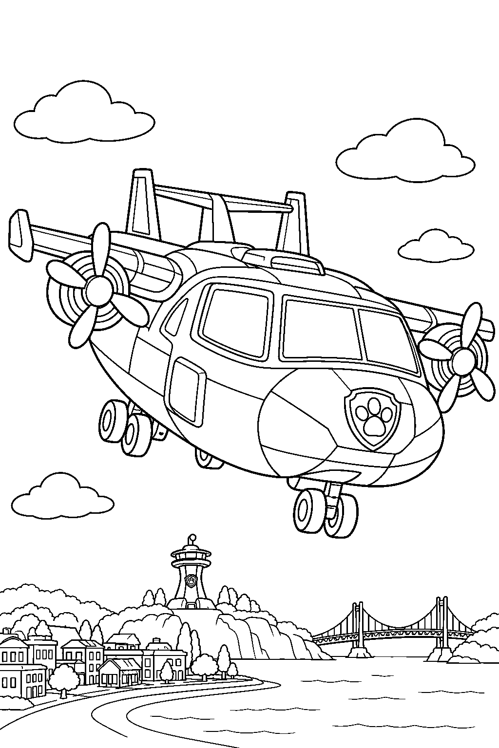 paw patrol air patroller flying over adventure bay line art