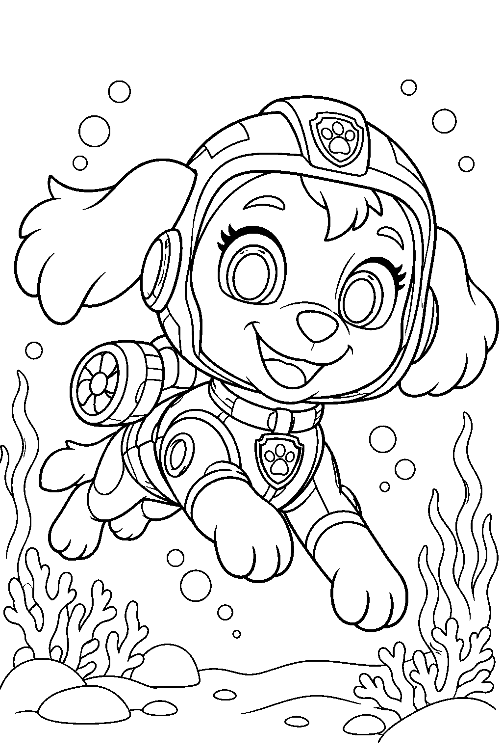 paw patrol aqua pups skye swimming in her underwater suit line art