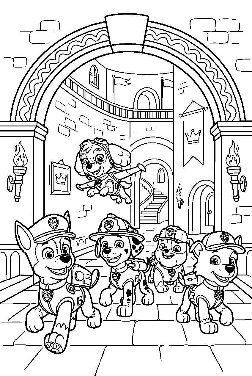 paw patrol characters exploring in royal castle line art