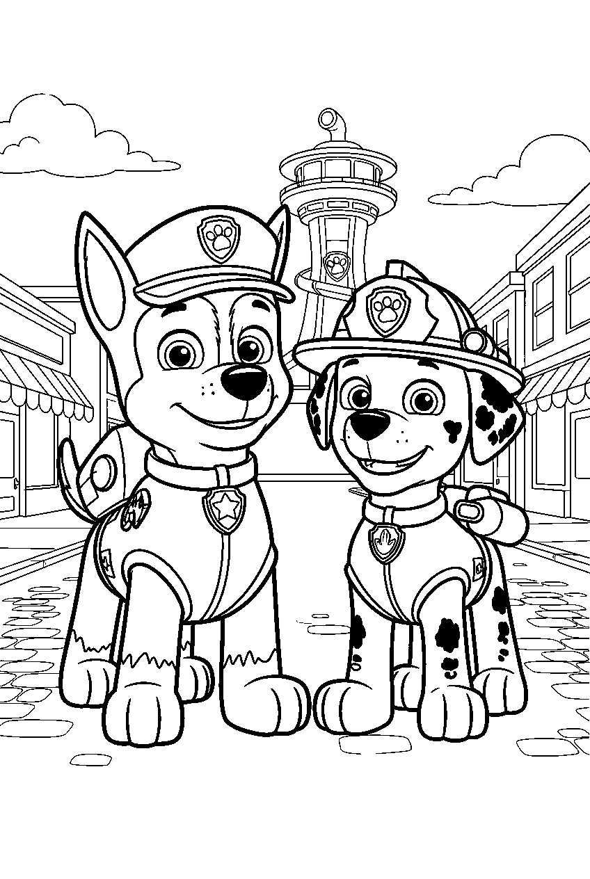 paw patrol characters in adventure bay street line art