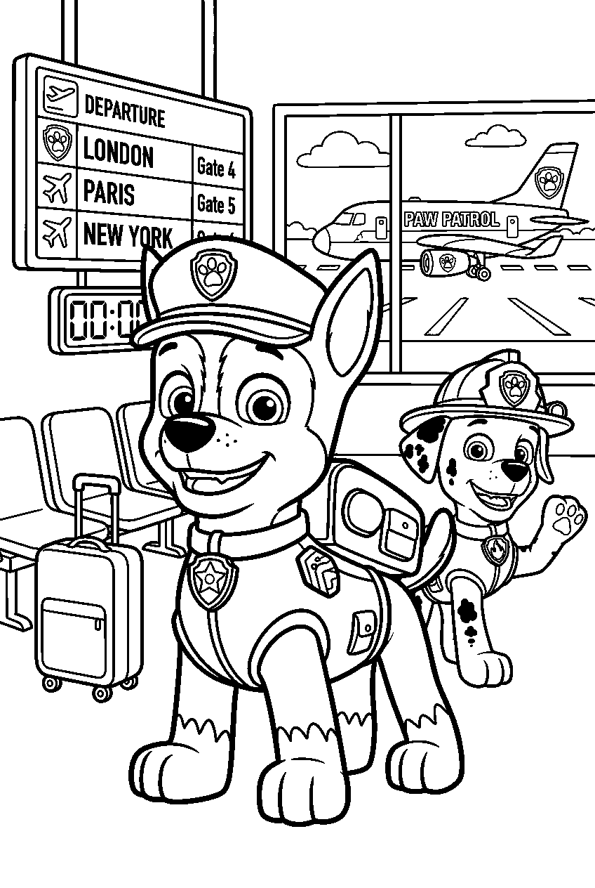 paw patrol characters in airport line art