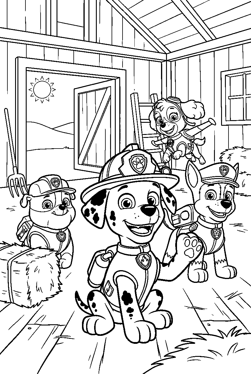 paw patrol characters in barn line art
