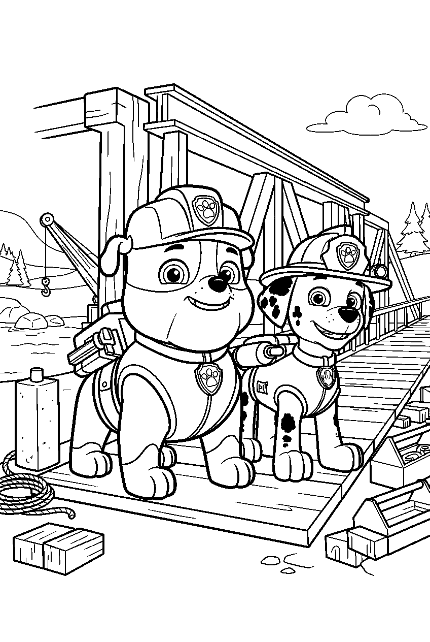 paw patrol characters in bridge construction area line art