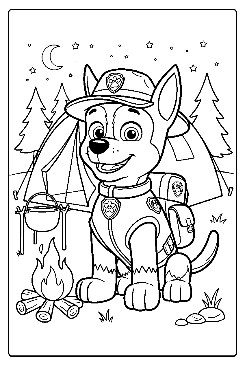 paw patrol characters in camping area line art