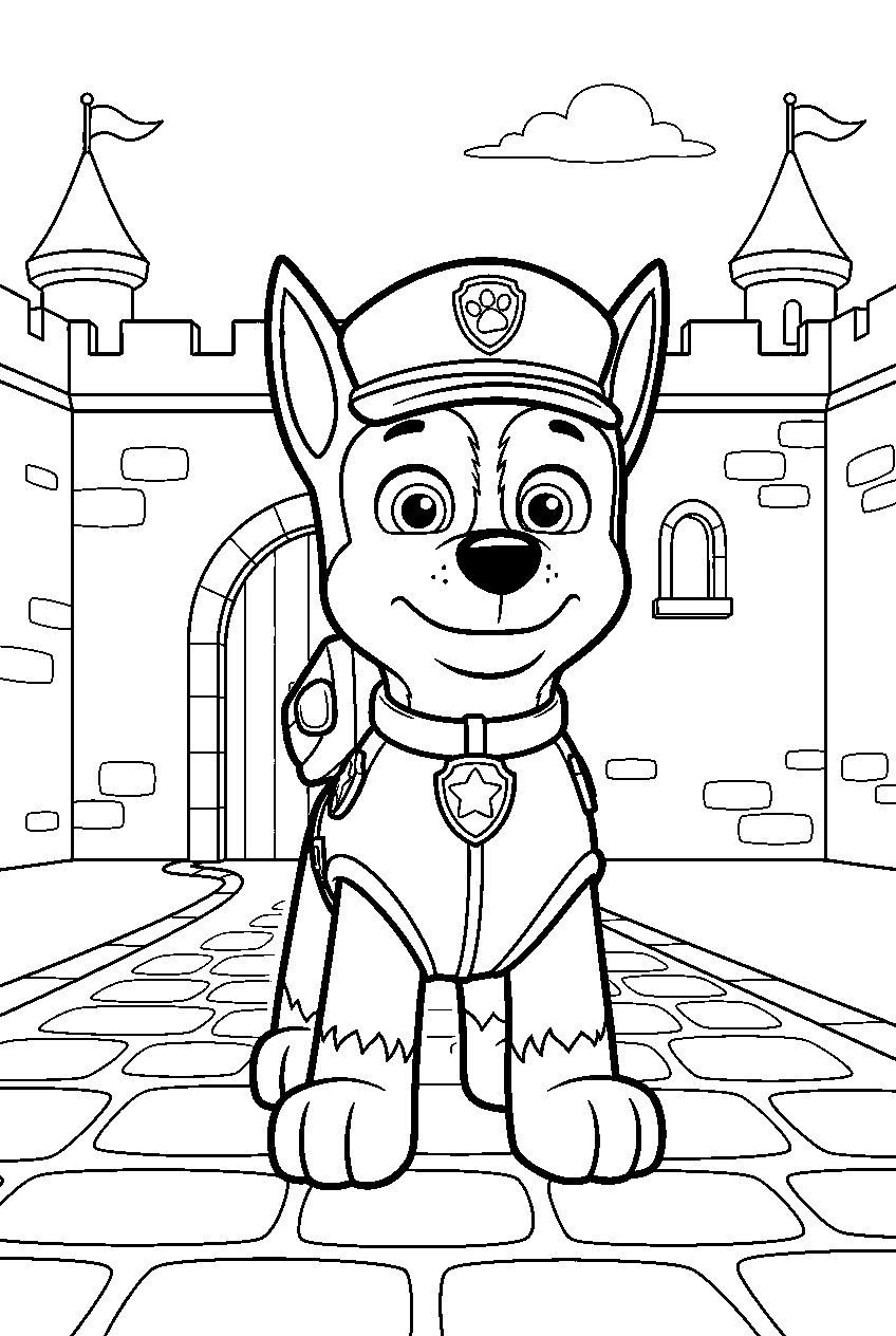 paw patrol characters in castle courtyard line art