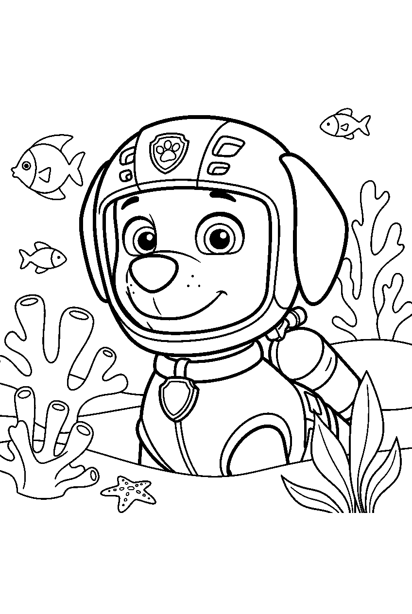 paw patrol characters in coral reef line art