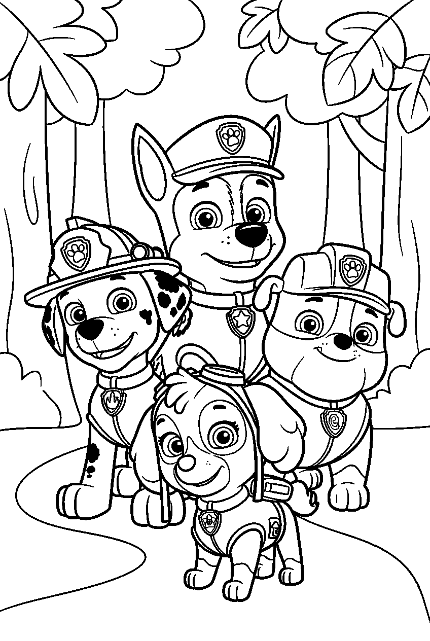 paw patrol characters in forest line art