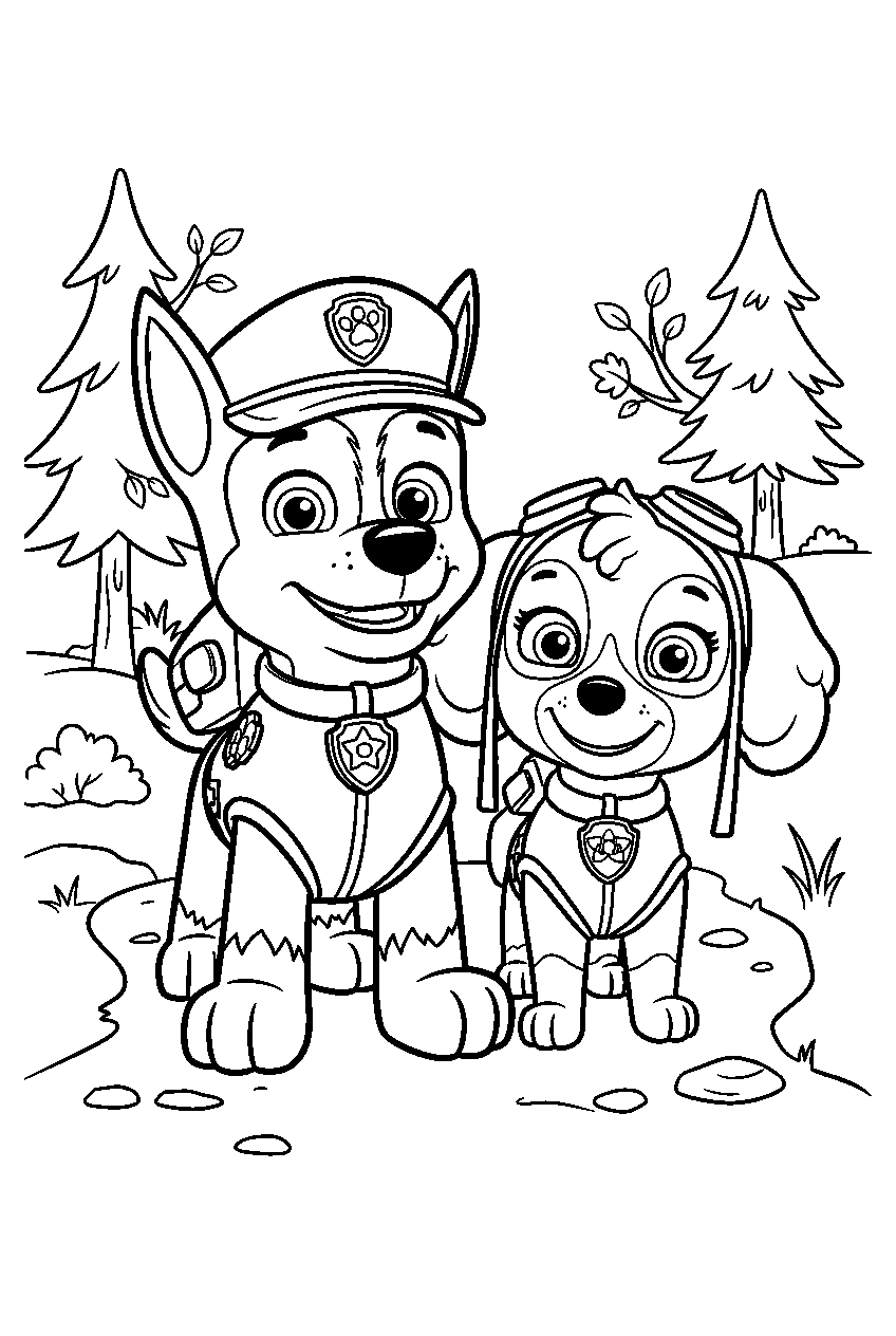 paw patrol characters in forest trail line art