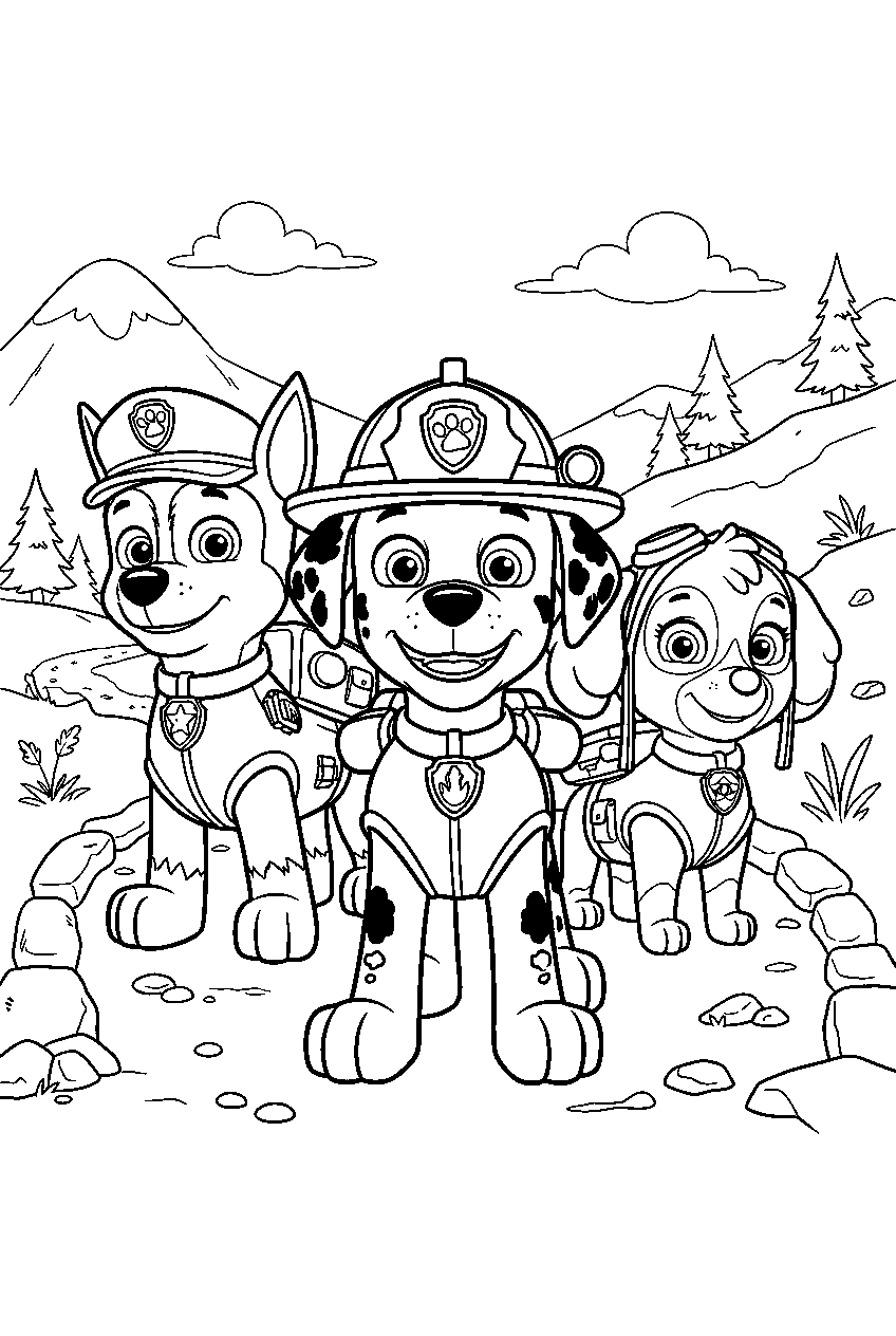paw patrol characters in mountain trail line art