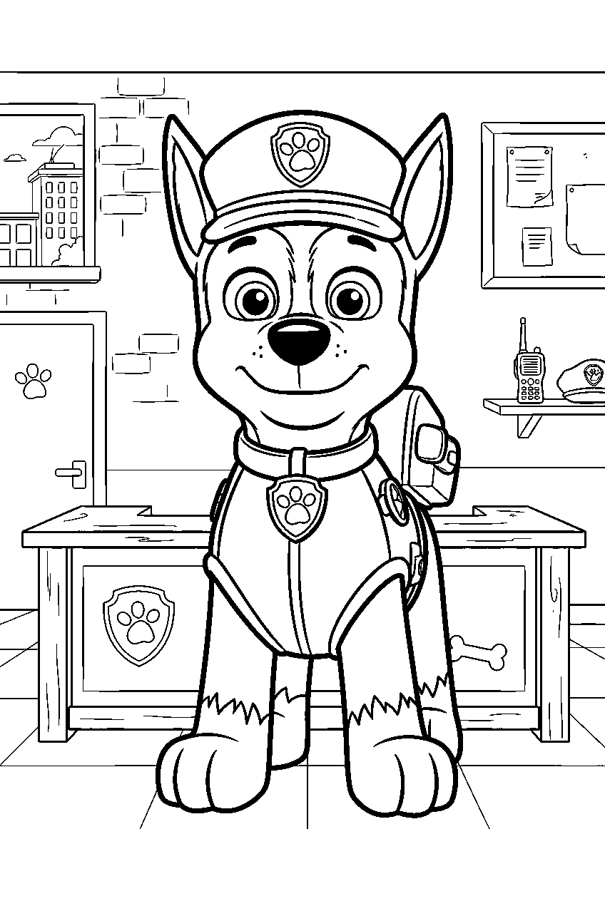 paw patrol characters in police station line art