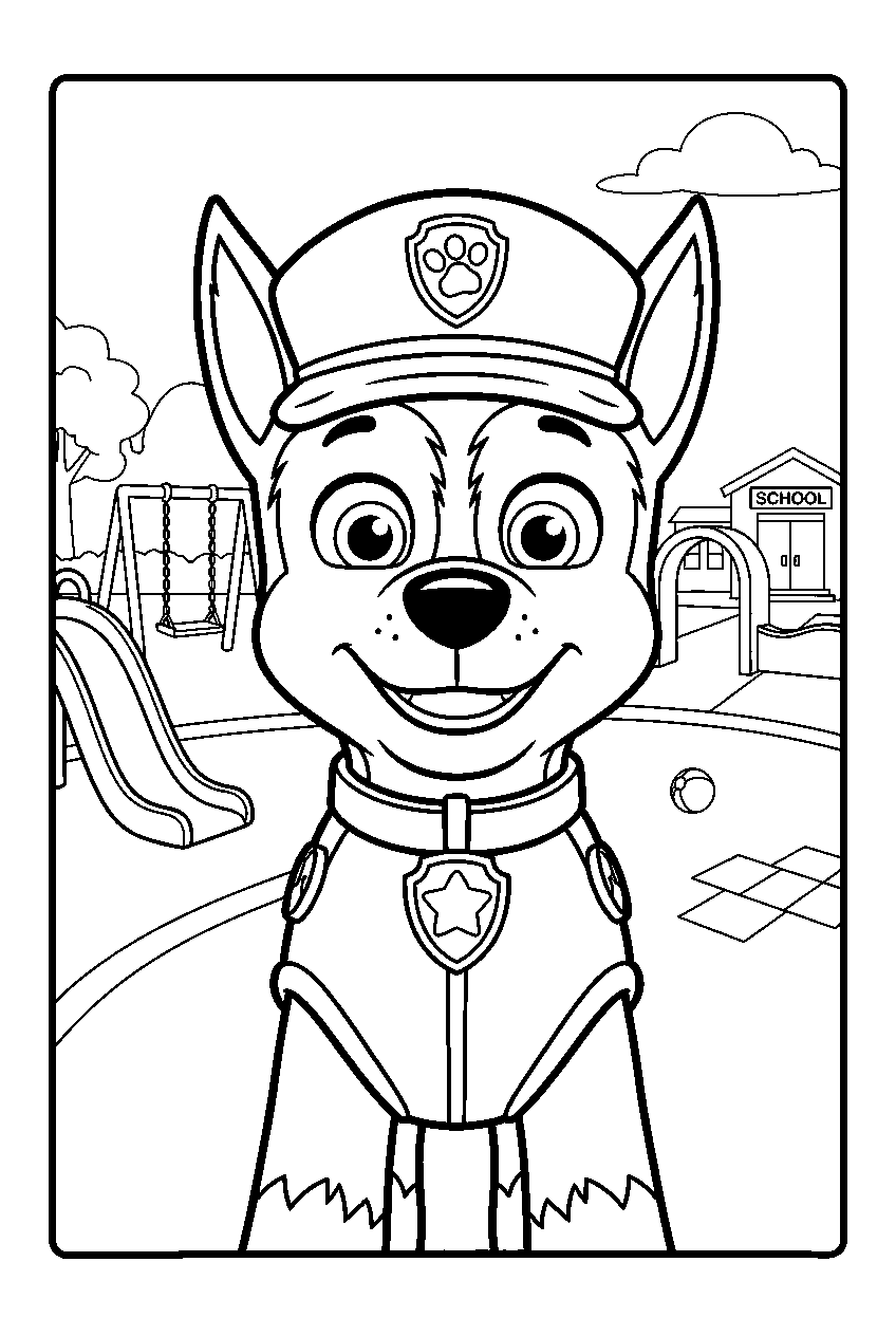 paw patrol characters in school playground line art
