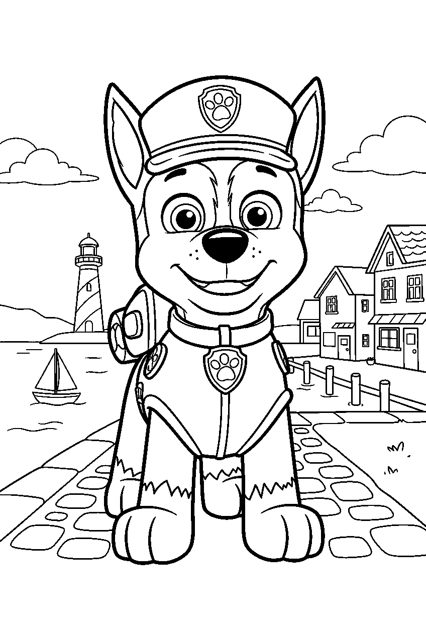 paw patrol characters in seaside village line art