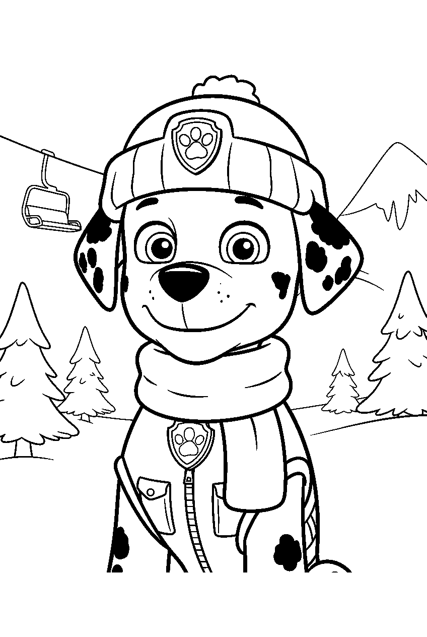 paw patrol characters in ski resort line art