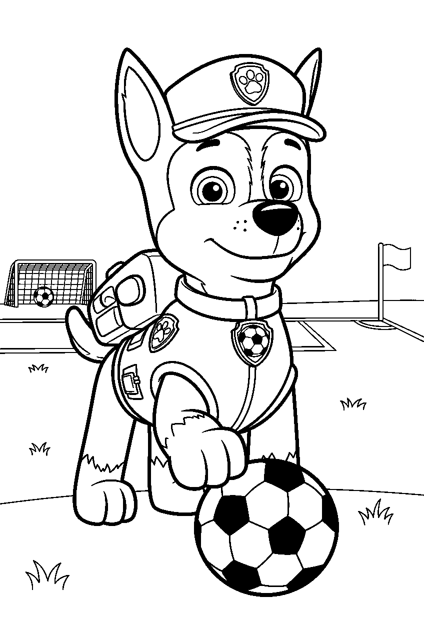 paw patrol characters in soccer field line art