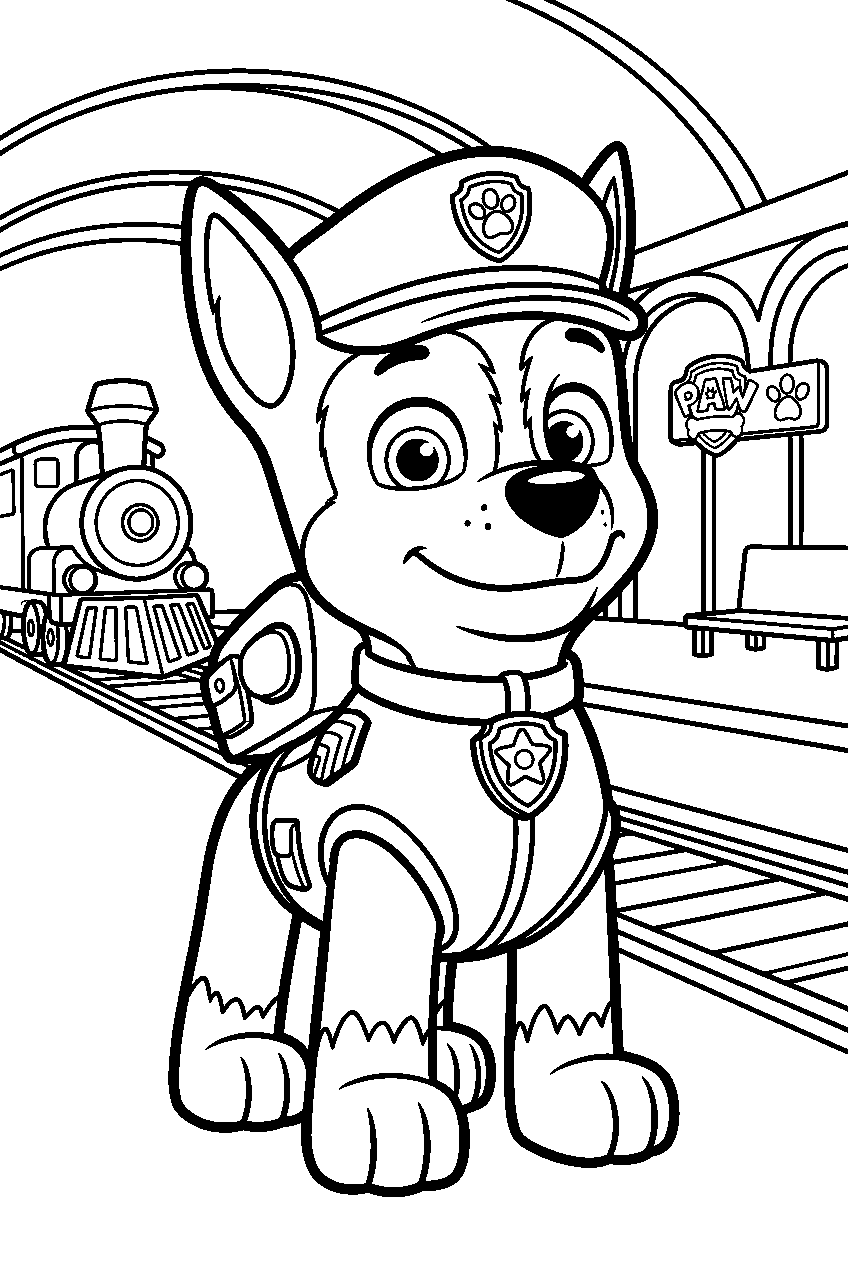 paw patrol characters in train station line art