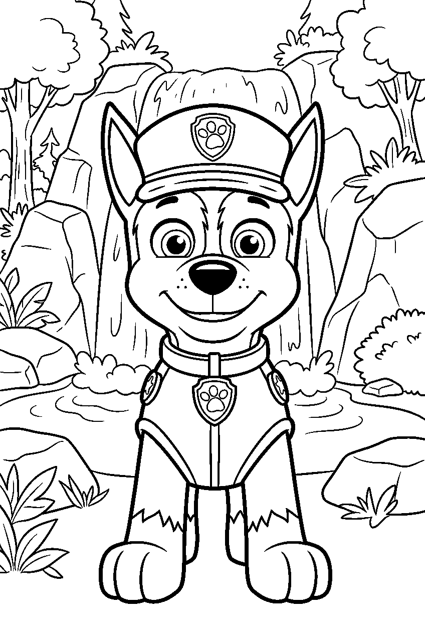 paw patrol characters in waterfall area line art