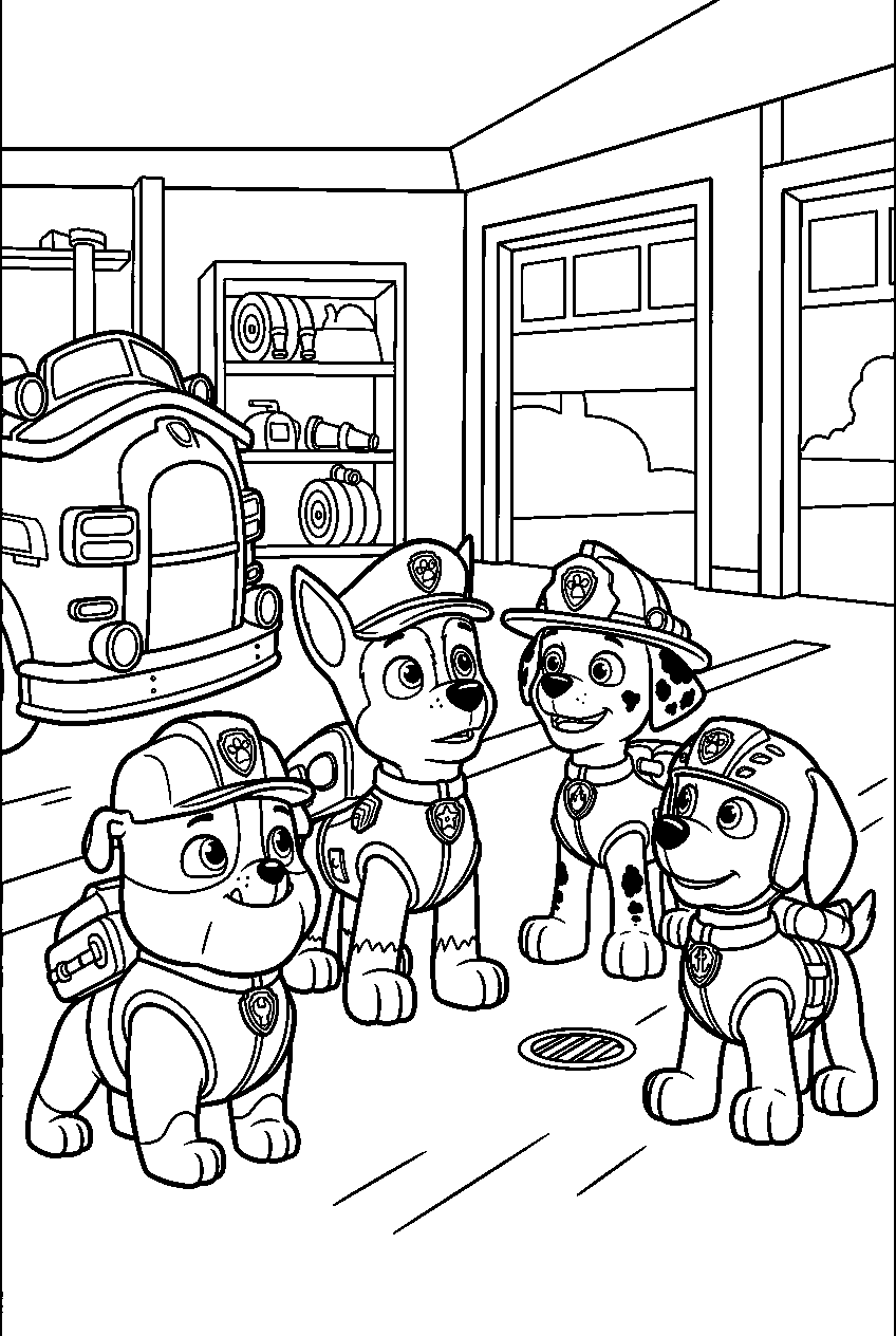 paw patrol characters looking around in fire station line art
