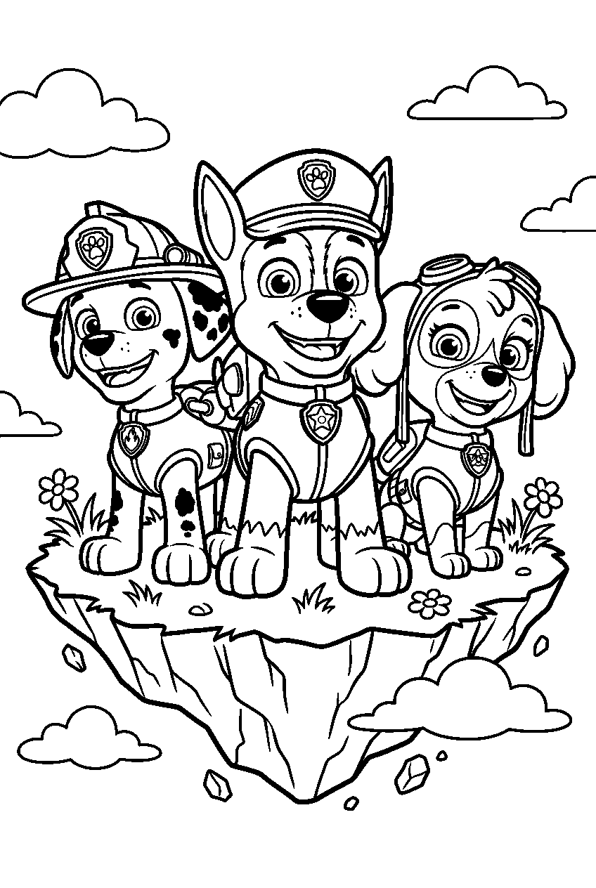 paw patrol characters on floating island line art