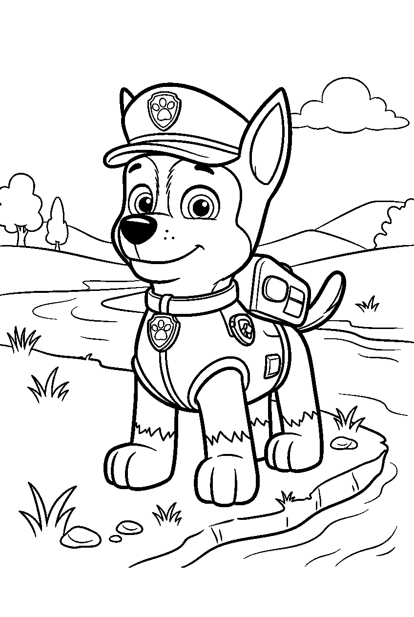 paw patrol characters on riverbank line art