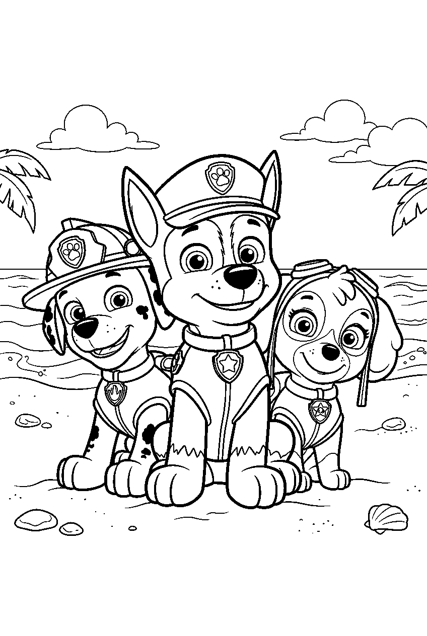paw patrol characters on sandy beach line art