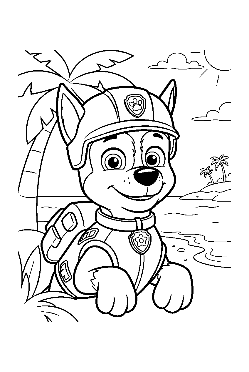 paw patrol characters on tropical island line art