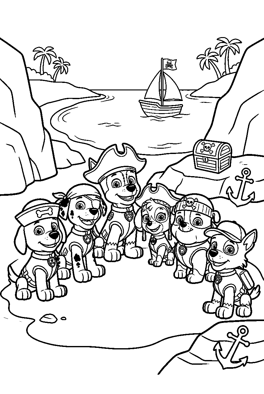 paw patrol characters sitting in pirate cove line art