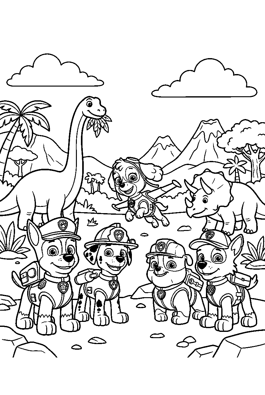 paw patrol characters standing in dinosaur valley line art