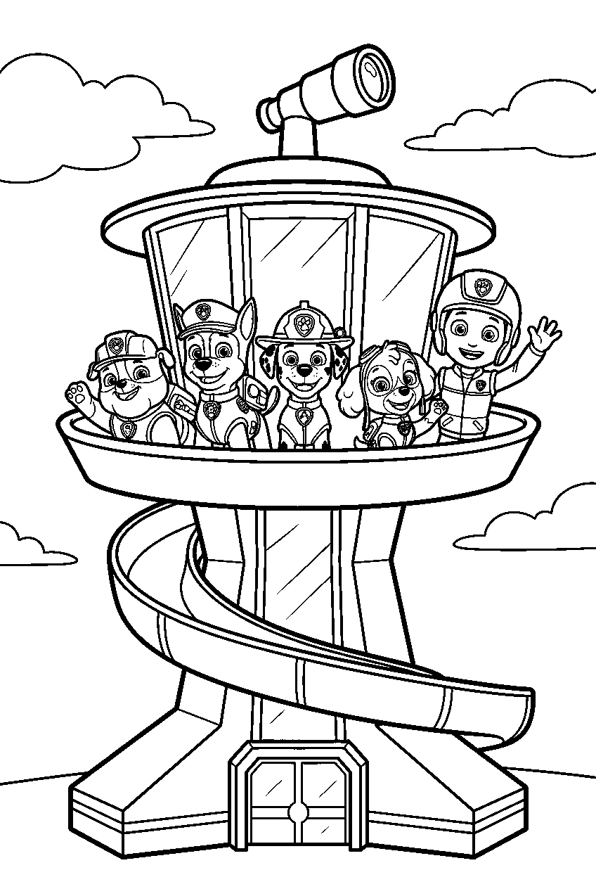 paw patrol characters waving in lookout tower line art
