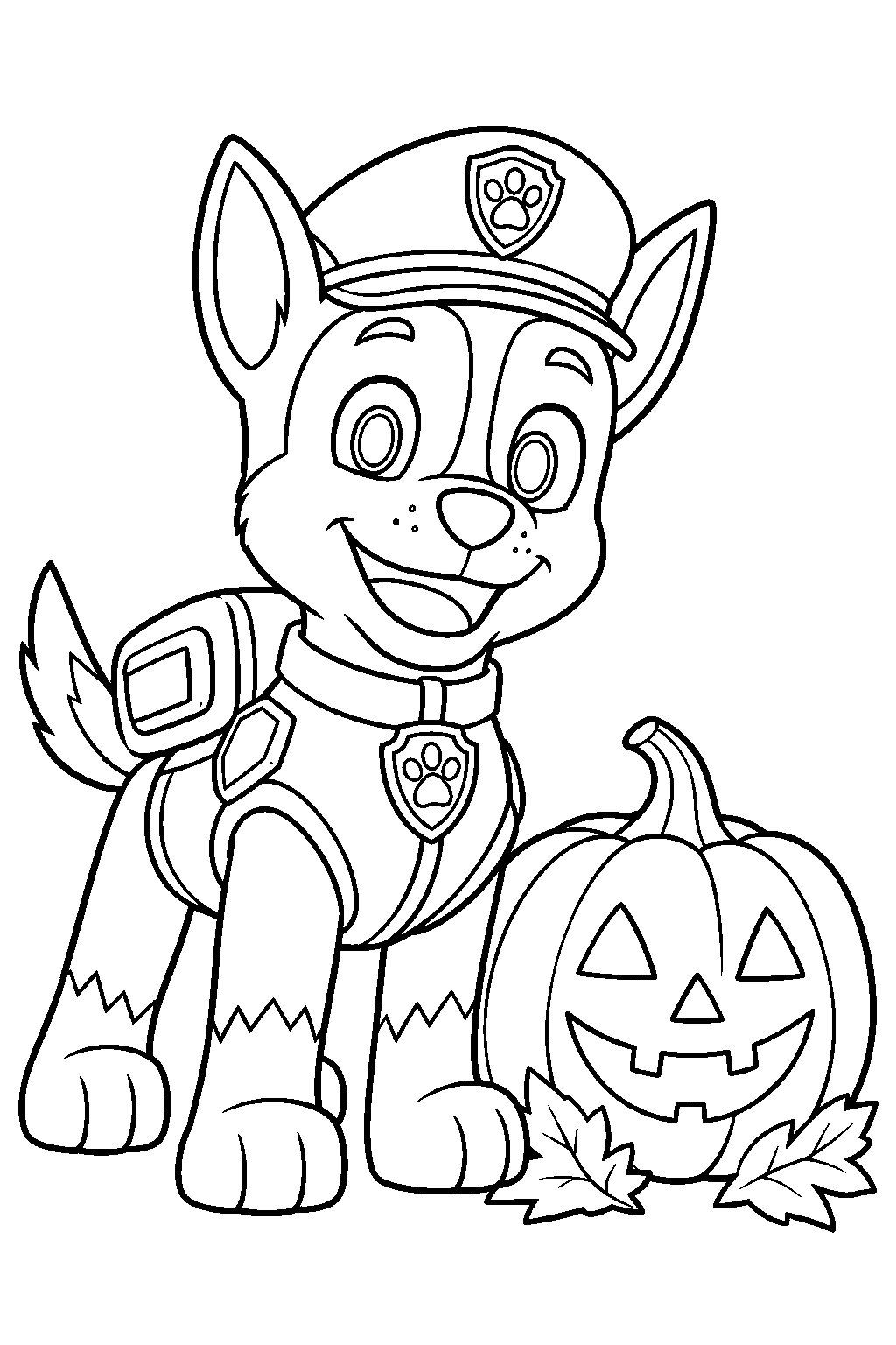 paw patrol chase beside a halloween jack o lantern line art