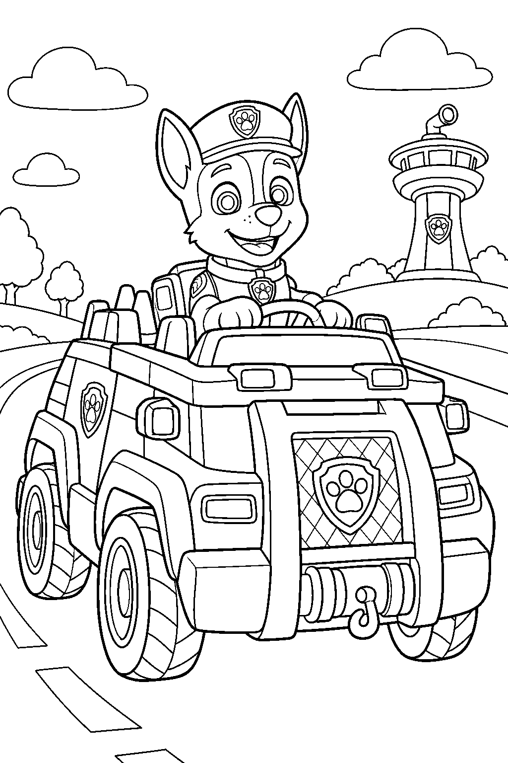 paw patrol chase driving his police truck line art
