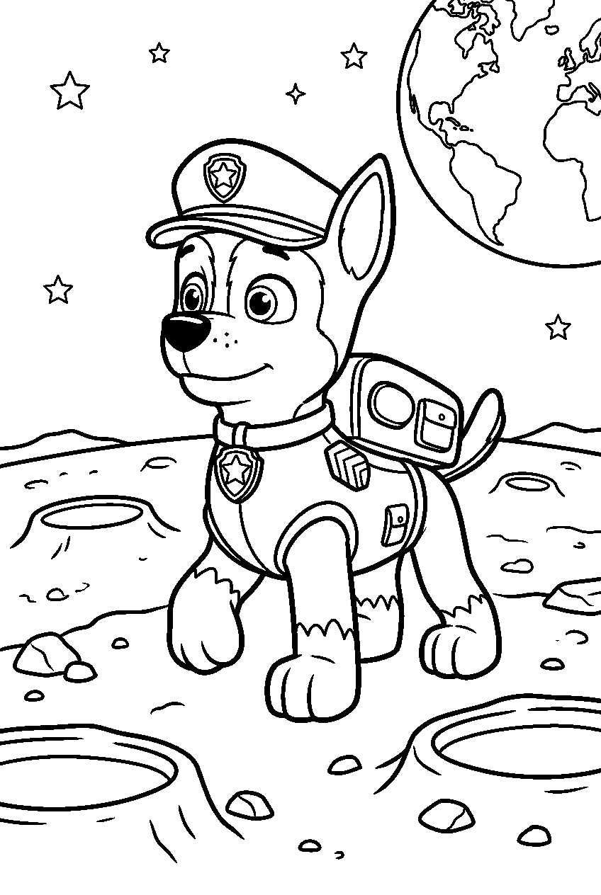 paw patrol chase looking around on the moon line art