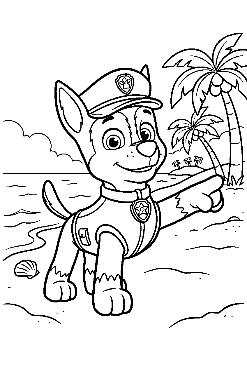 paw patrol chase pointing on tropical island line art