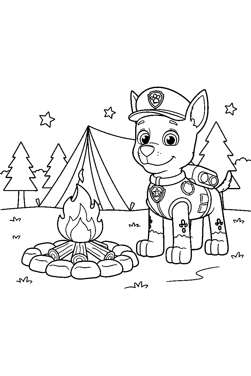 paw patrol chase standing at campfire spot line art