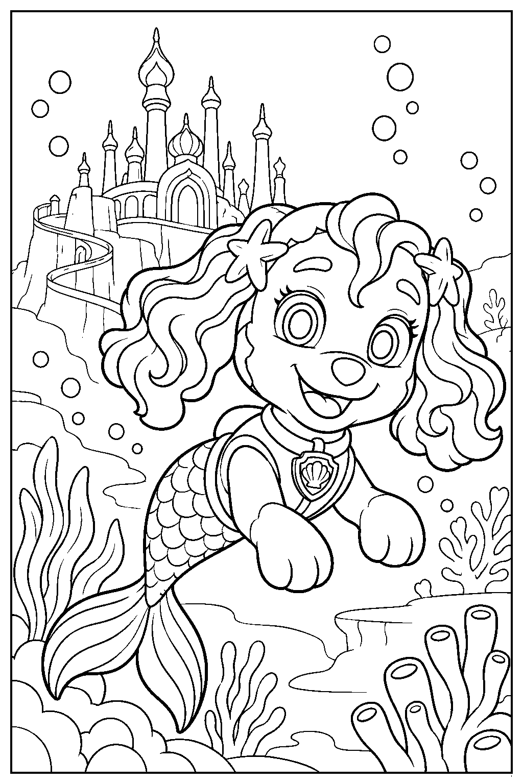 paw patrol coral swimming in puplantis line art