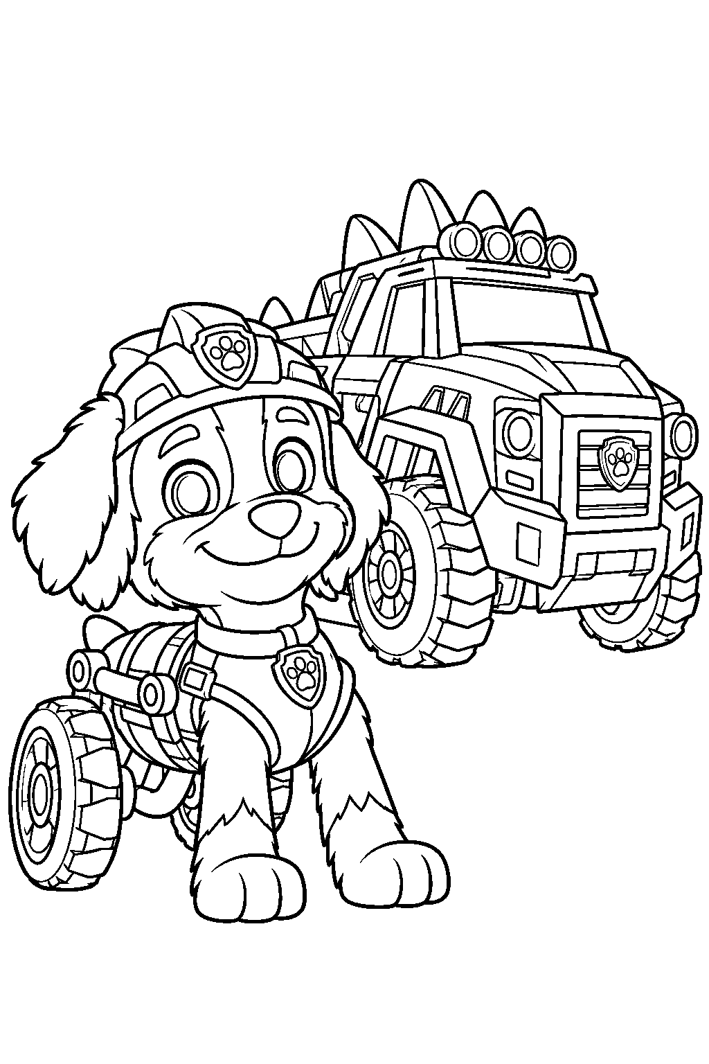 paw patrol dino rescue rex beside his rescue vehicle line art