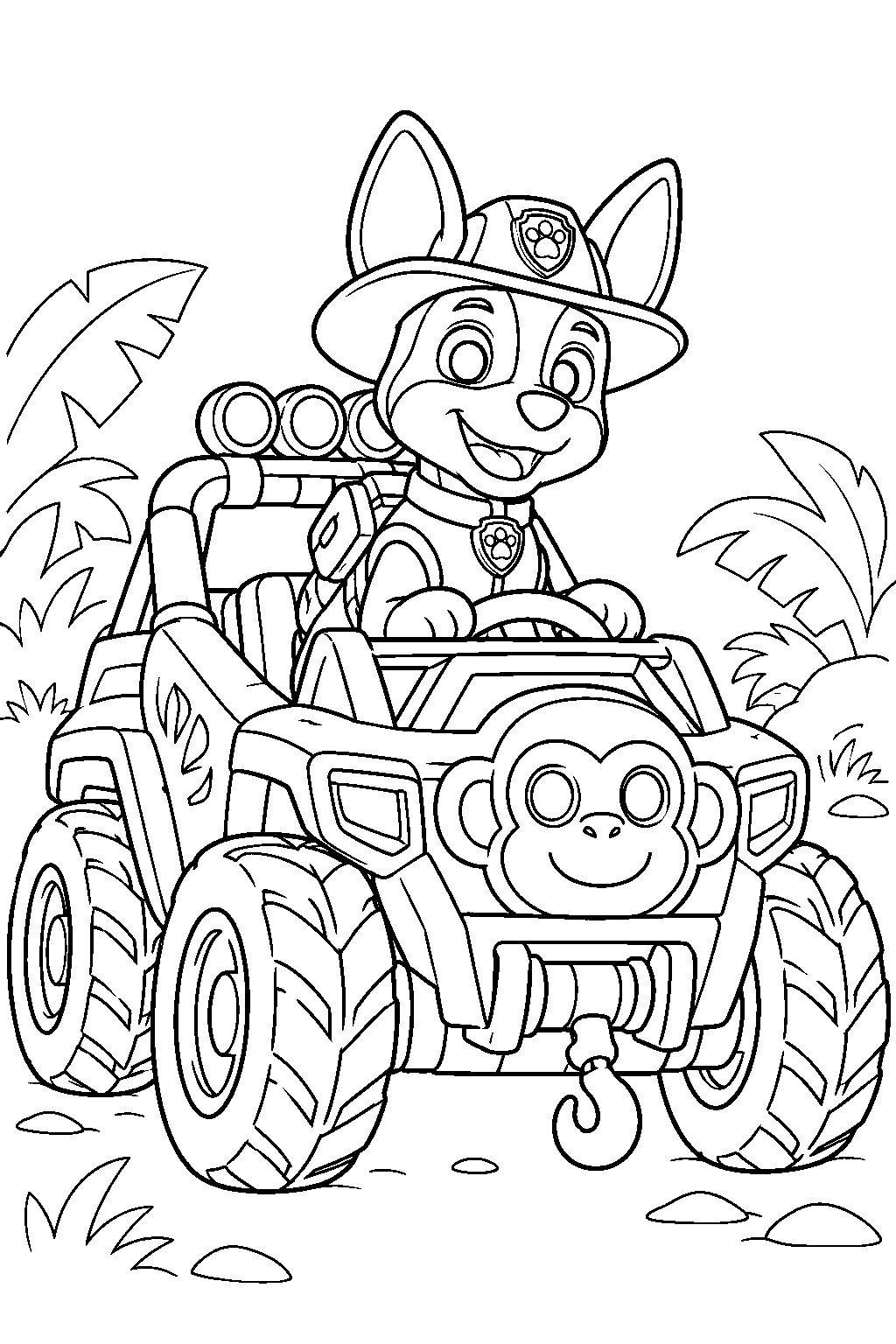 paw patrol jungle pups tracker driving his monkey vehicle line art