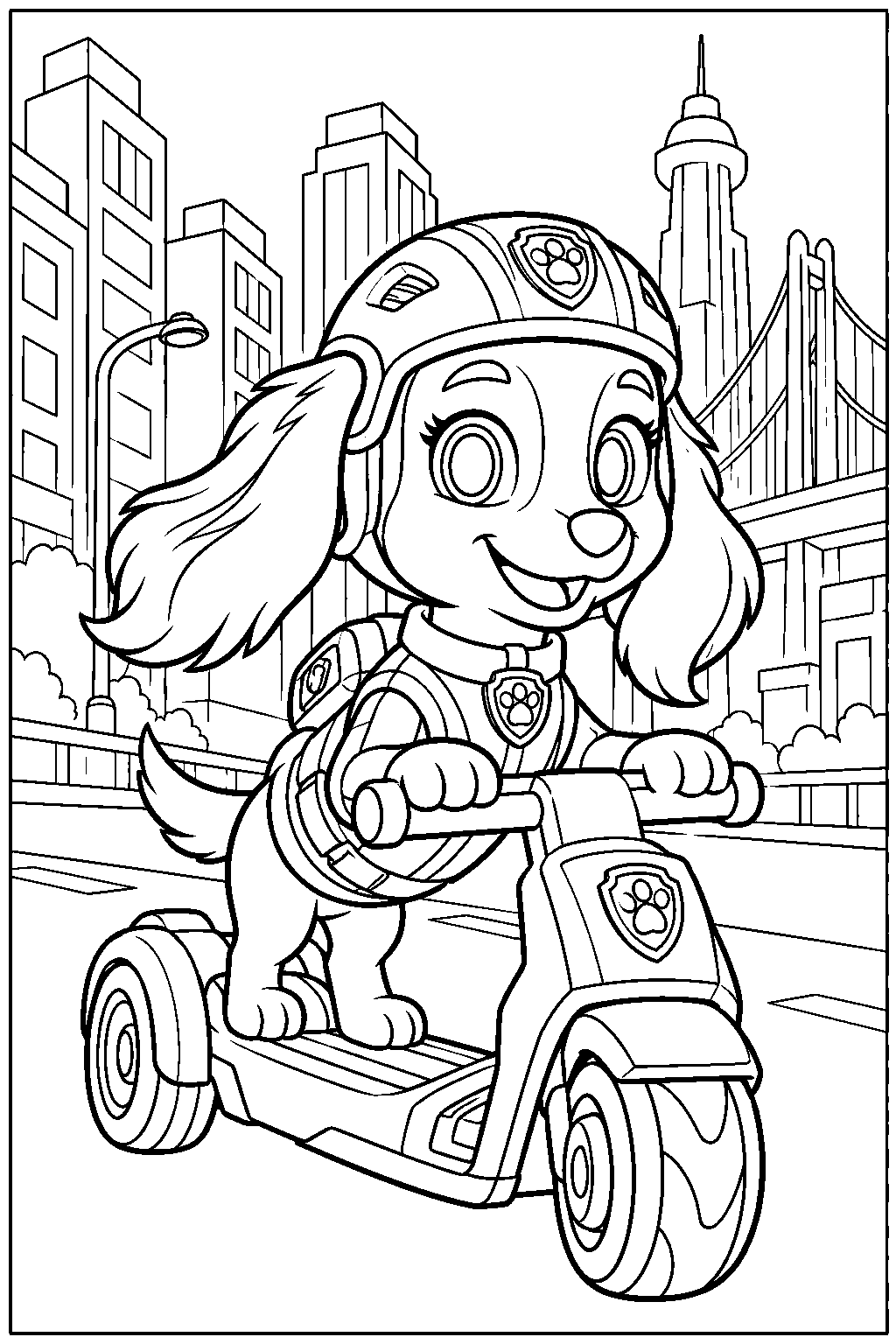 paw patrol liberty riding her scooter in adventure city line art